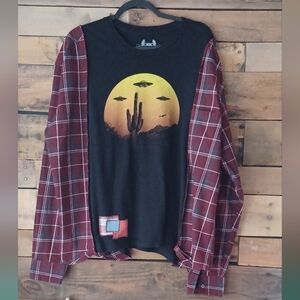 Upcycled Plaid Sleeve Black Graphic Shirt